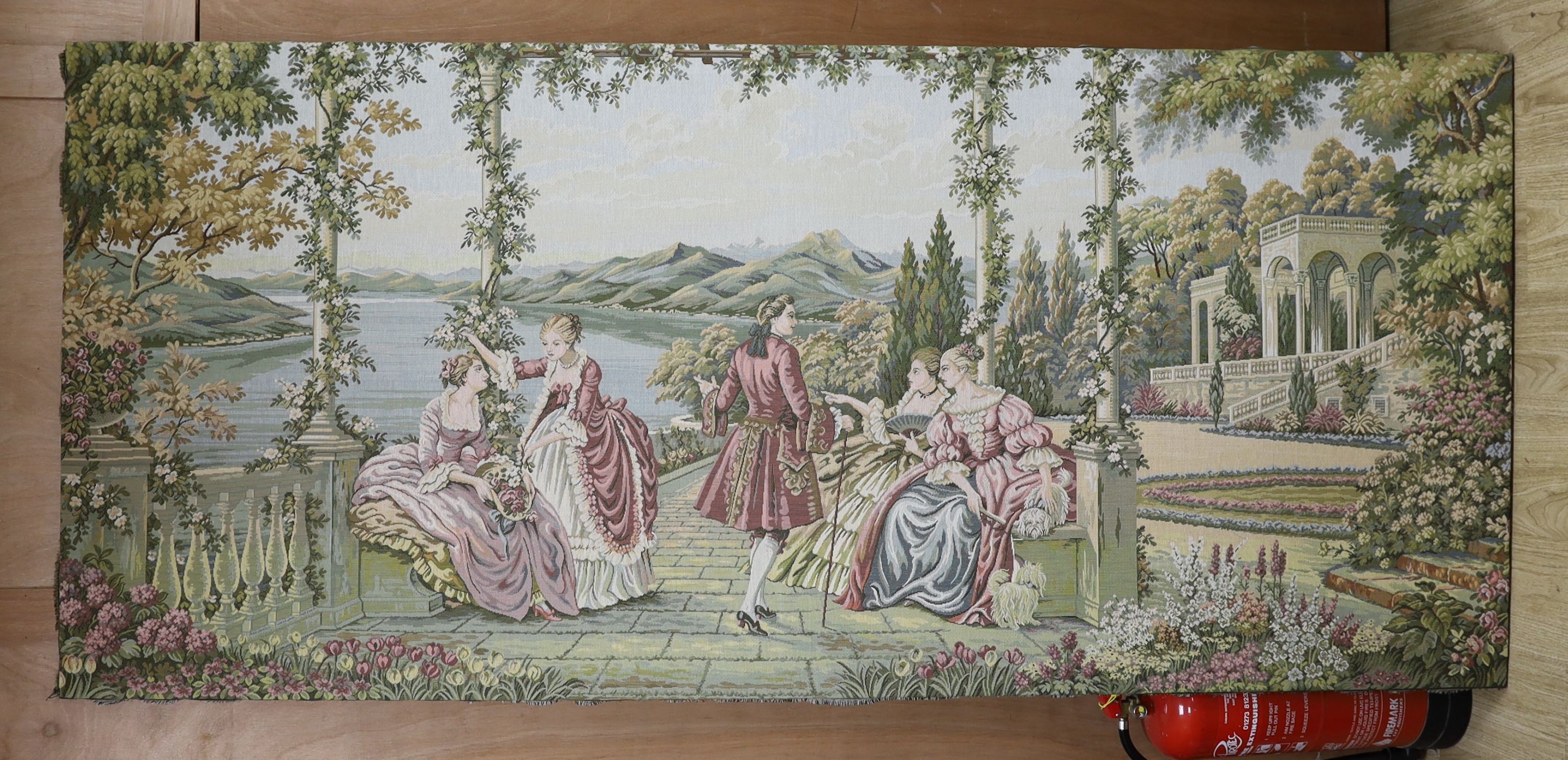 A large tapestry, French garden scene, 97 x 218cm